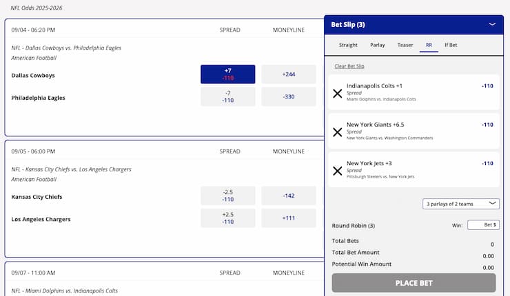 An image of a round robin featuring 3 underdogs from BUSR, displaying what it is like to bet a 3 team round robin on all underdogs at an online sportsbook.